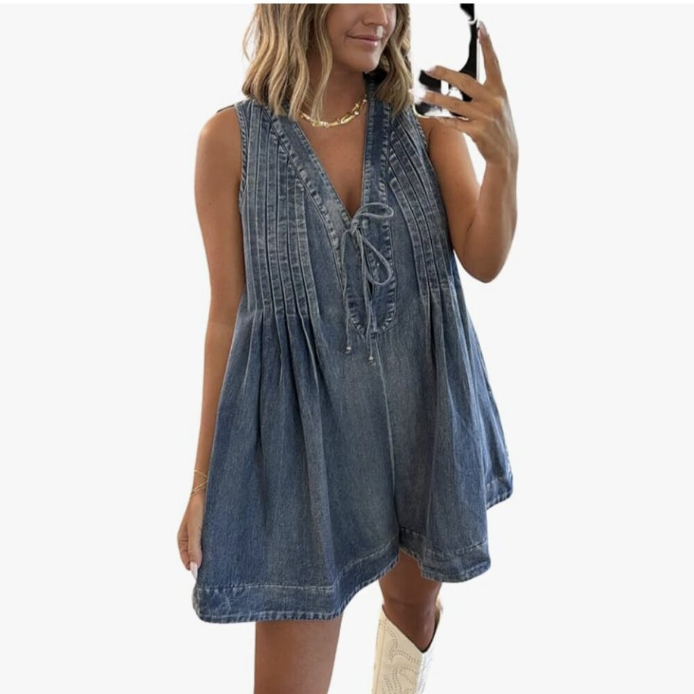 Women's Sleeveless V Neck Shorts Denim Romper Tie Front Ruffle Cute Loose Jean